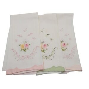 Vintage Embroidered Floral Hand Towel Set 3pc Pink Green Scalloped Roses White